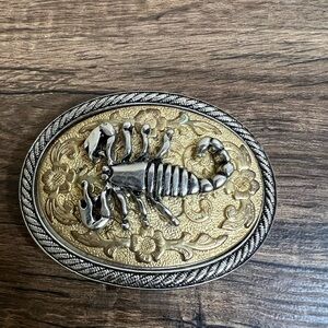 Western Scorpion Belt Buckle Two Tone Gold Silver Floral Engraved 3.75x2.75